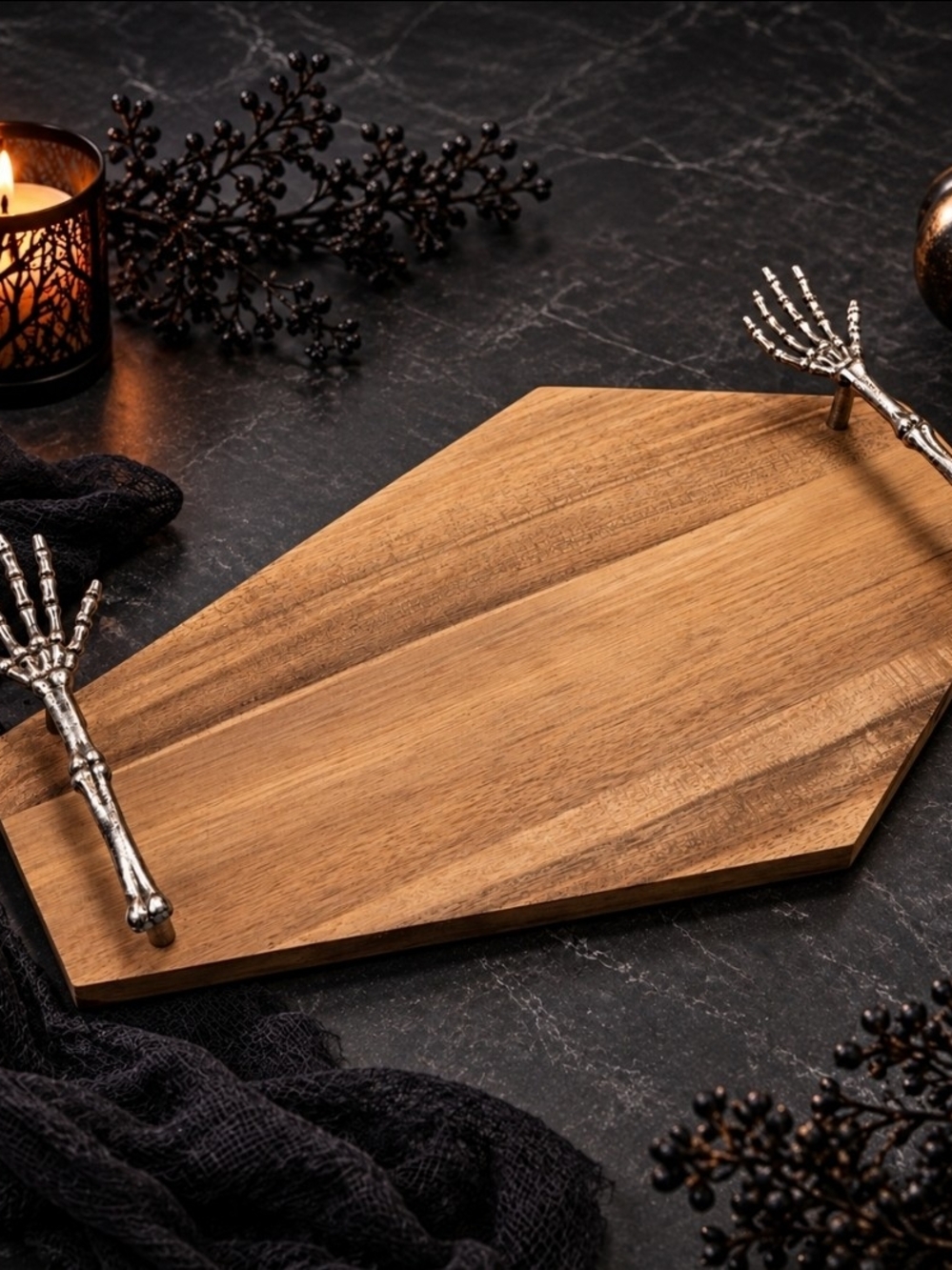 Halloween Coffin Tray Skeleton Hand Handles Gothic Decor